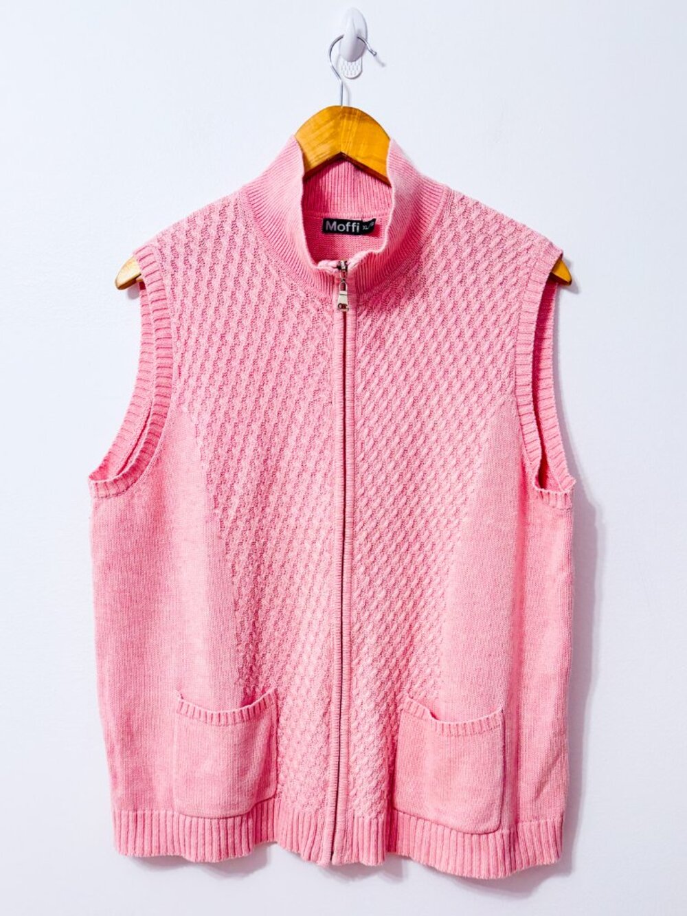 MOFFI Pink Cable Knit Full Zip Mock Neck Sleeveless Sweater Vest X-Large